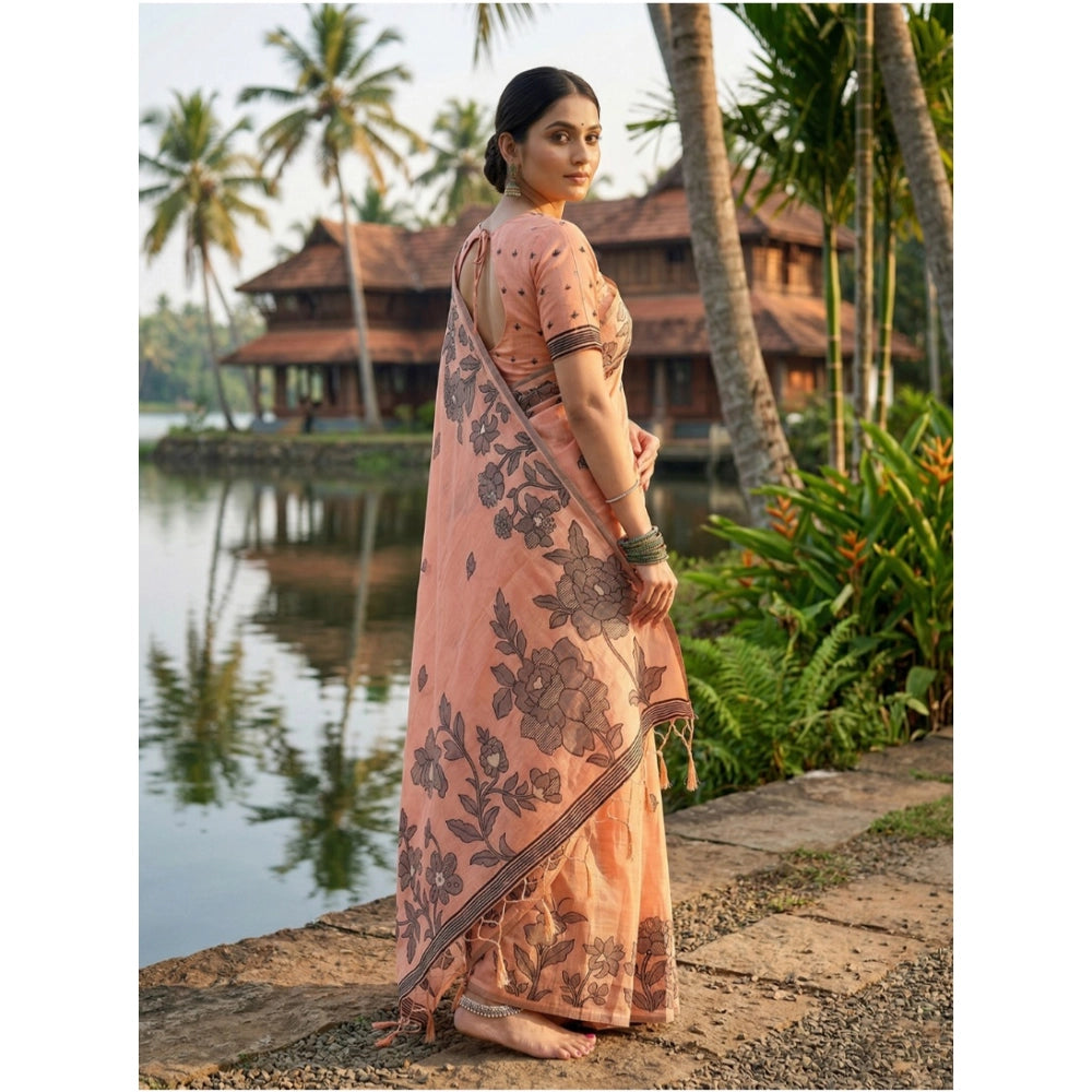 Snuggle Spot Women's Linen Cotton Printed Saree With Unstitched Blouse 5.5Mtr (Orange)