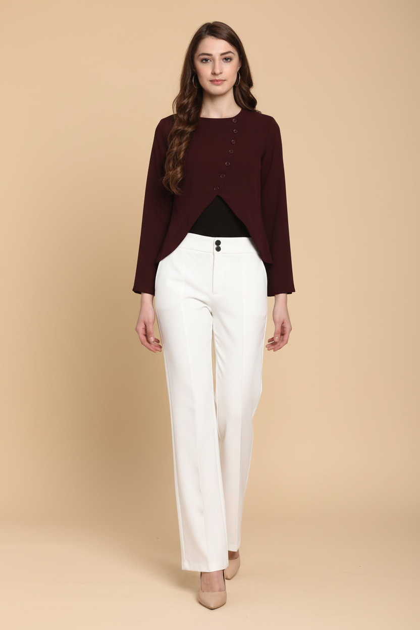 Snuggle Spot Women's Polyester Diagonal Cut Long Sleeves Blazer (Maroon)