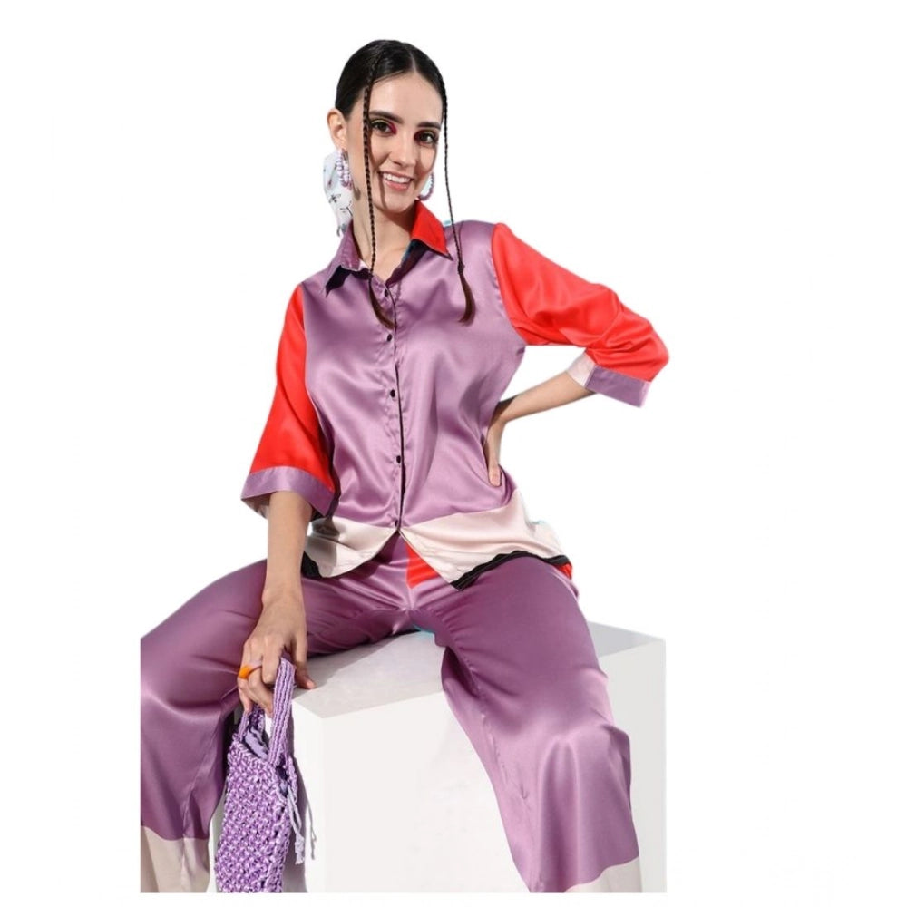 Snuggle Spot Women's Satin Colour Block Long Sleeves Co-Ord Set (Multicolor)