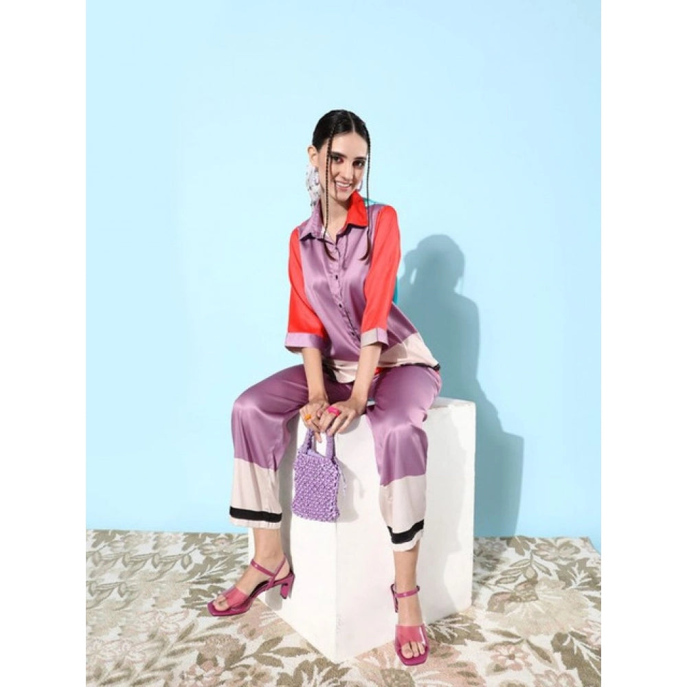 Snuggle Spot Women's Satin Colour Block Long Sleeves Co-Ord Set (Multicolor)
