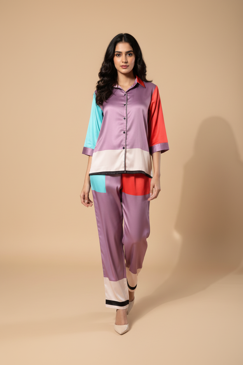 Snuggle Spot Women's Satin Colour Block Long Sleeves Co-Ord Set (Multicolor)