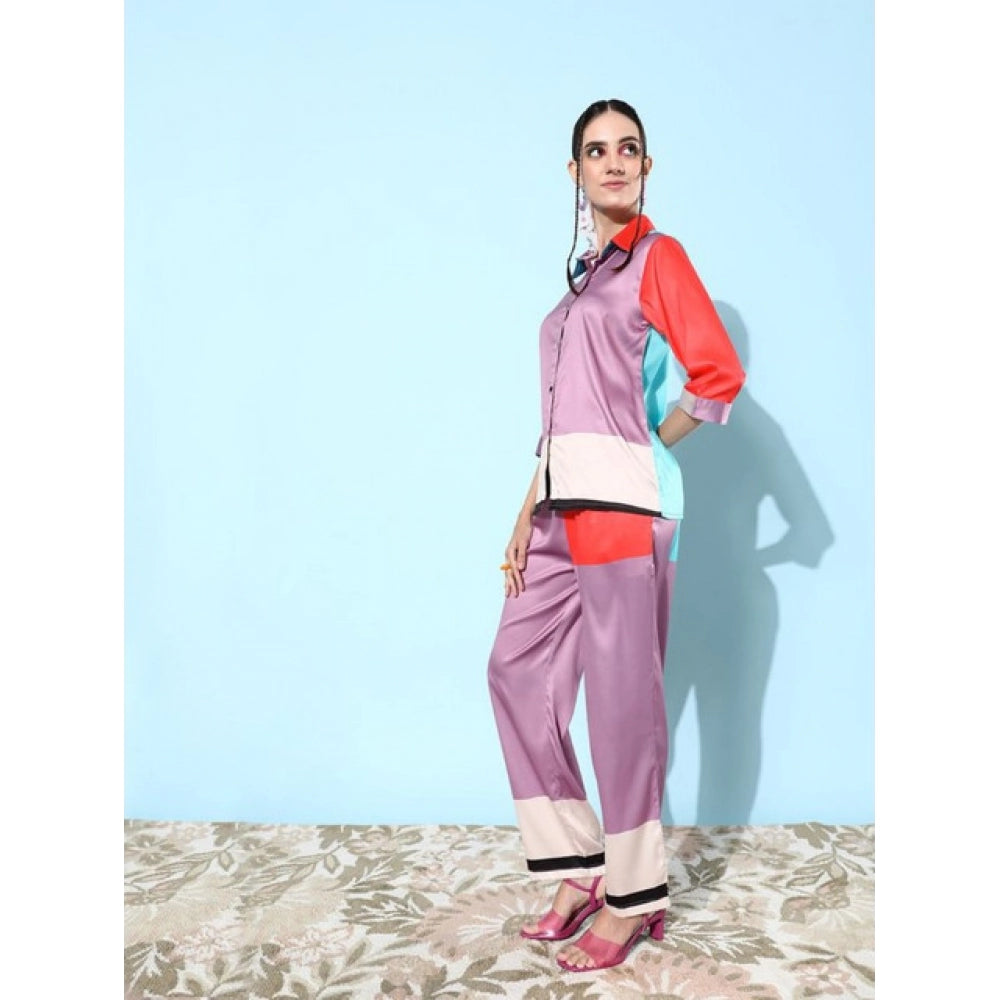 Snuggle Spot Women's Satin Colour Block Long Sleeves Co-Ord Set (Multicolor)