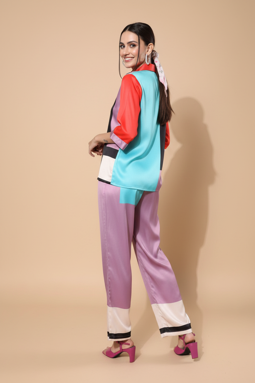 Snuggle Spot Women's Satin Colour Block Long Sleeves Co-Ord Set (Multicolor)