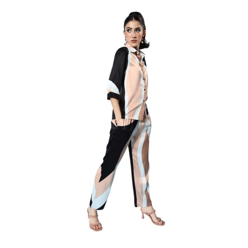 Snuggle Spot Women's Satin Colour Block Long Sleeves Co-Ord Set (Beige - Black)