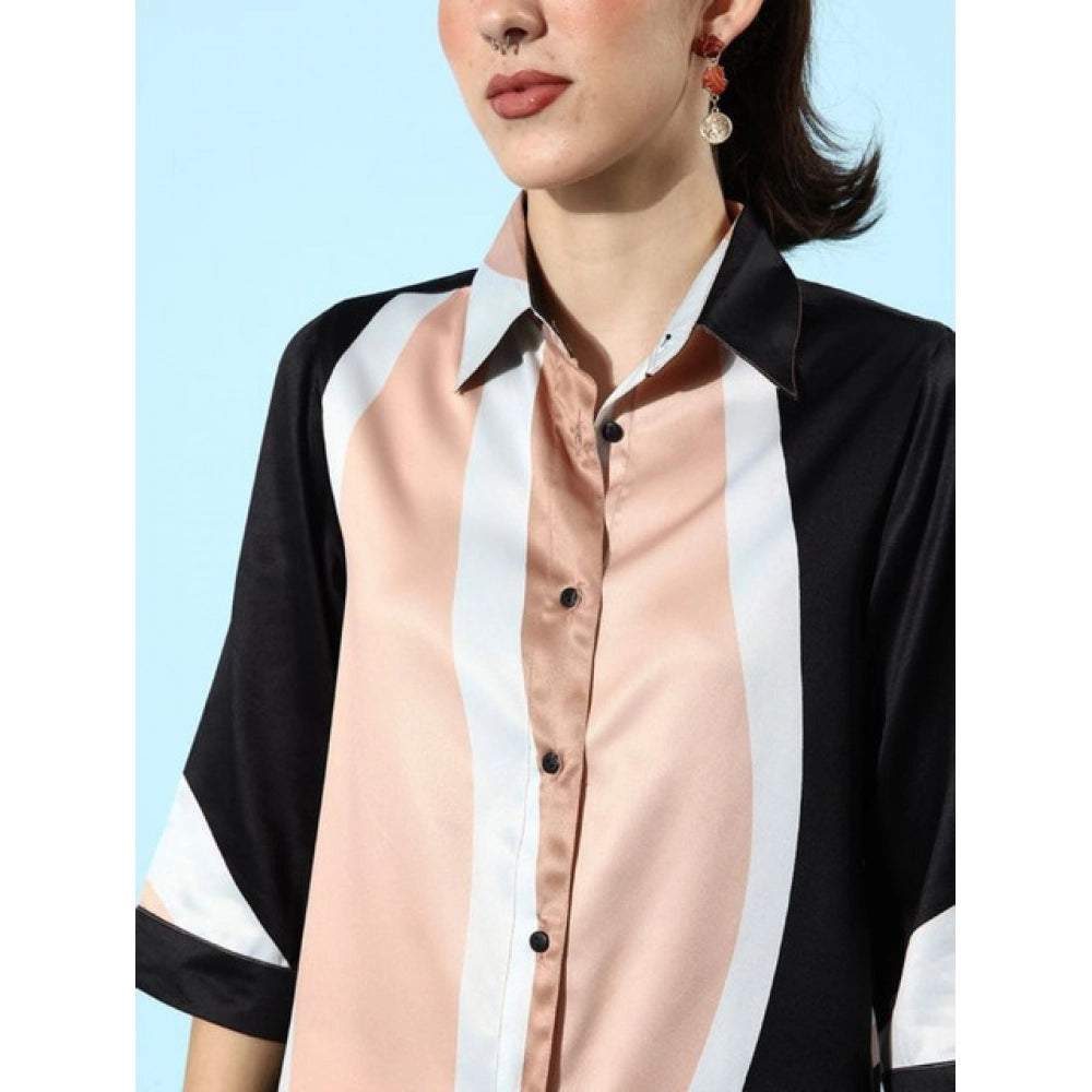 Snuggle Spot Women's Satin Colour Block Long Sleeves Co-Ord Set (Beige - Black)