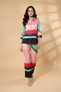Snuggle Spot Women's Satin Colour Block Long Sleeves Co-Ord Set (Multicolor)