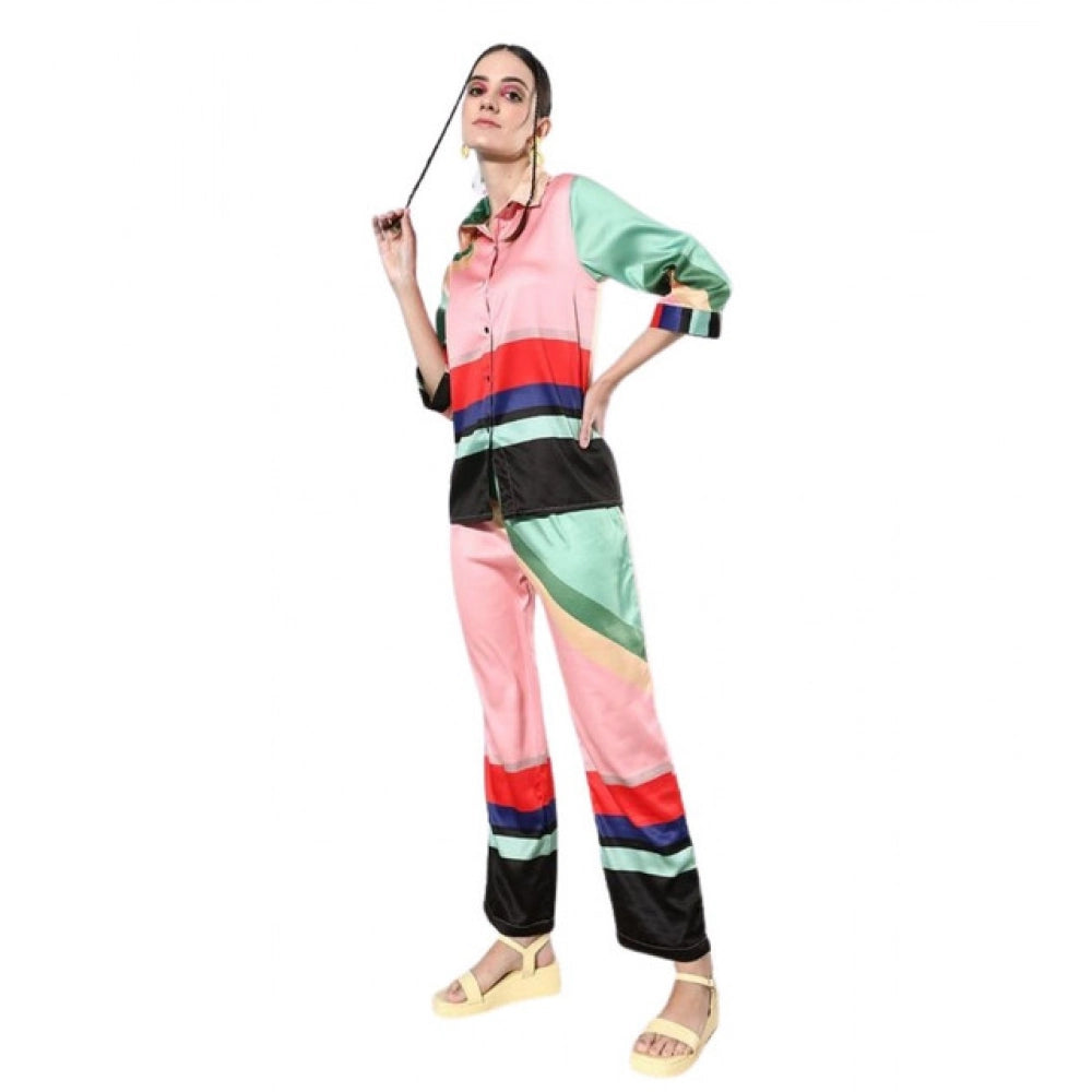 Snuggle Spot Women's Satin Colour Block Long Sleeves Co-Ord Set (Multicolor)