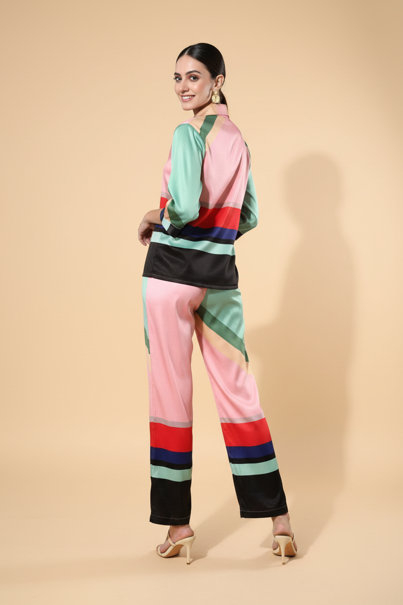 Snuggle Spot Women's Satin Colour Block Long Sleeves Co-Ord Set (Multicolor)