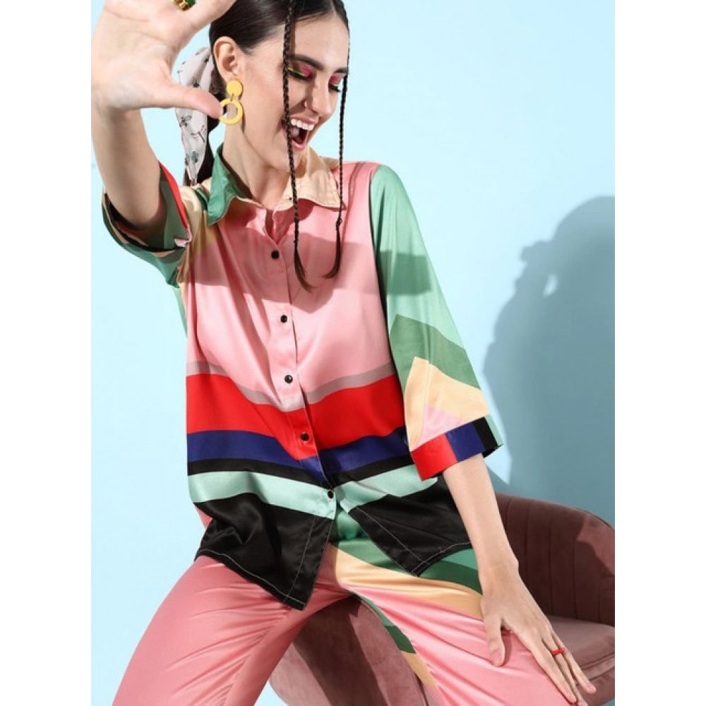 Snuggle Spot Women's Satin Colour Block Long Sleeves Co-Ord Set (Multicolor)