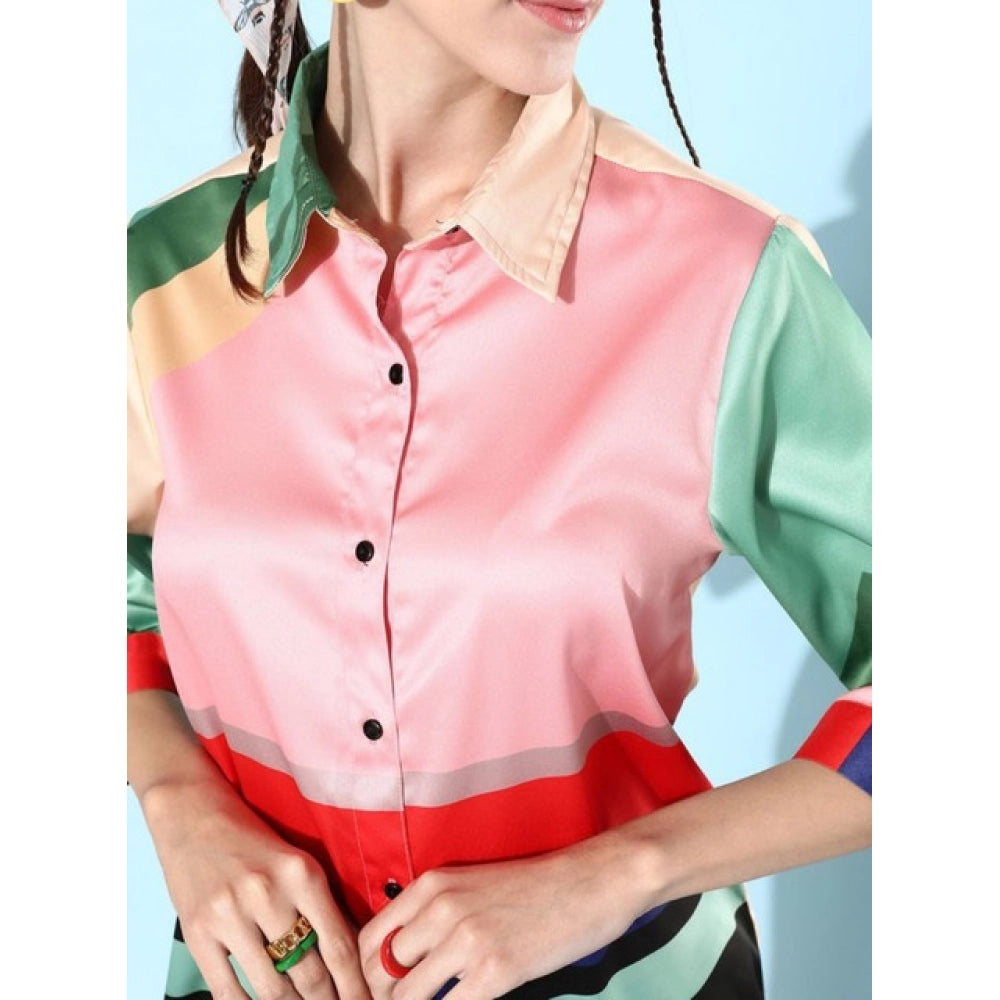 Snuggle Spot Women's Satin Colour Block Long Sleeves Co-Ord Set (Multicolor)