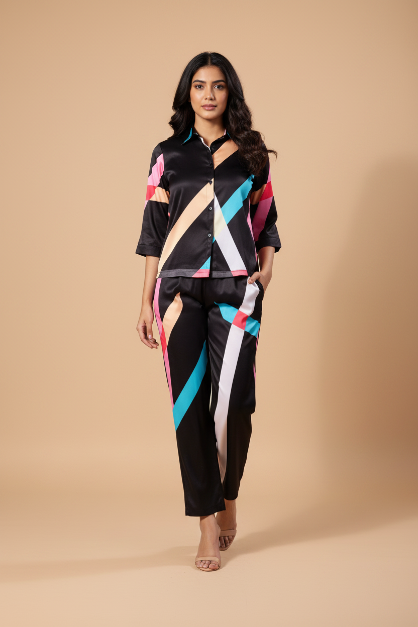 Snuggle Spot Women's Satin Colour Block Long Sleeves Co-Ord Set (Multicolor)