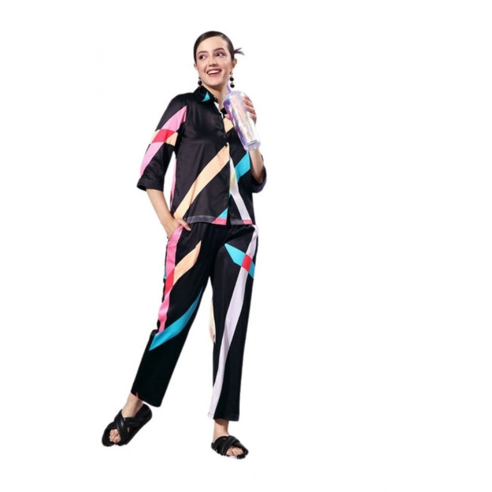 Snuggle Spot Women's Satin Colour Block Long Sleeves Co-Ord Set (Multicolor)