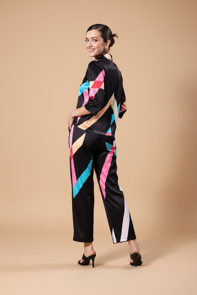 Snuggle Spot Women's Satin Colour Block Long Sleeves Co-Ord Set (Multicolor)