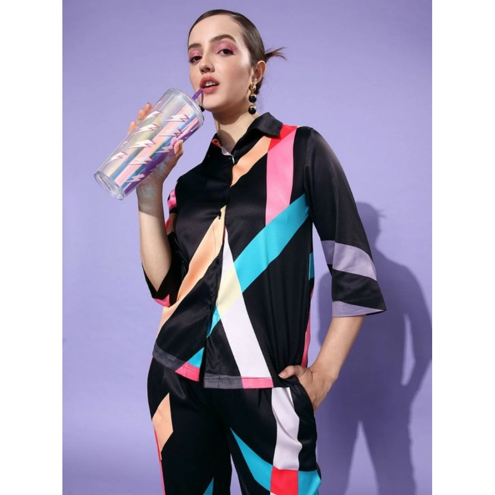 Snuggle Spot Women's Satin Colour Block Long Sleeves Co-Ord Set (Multicolor)