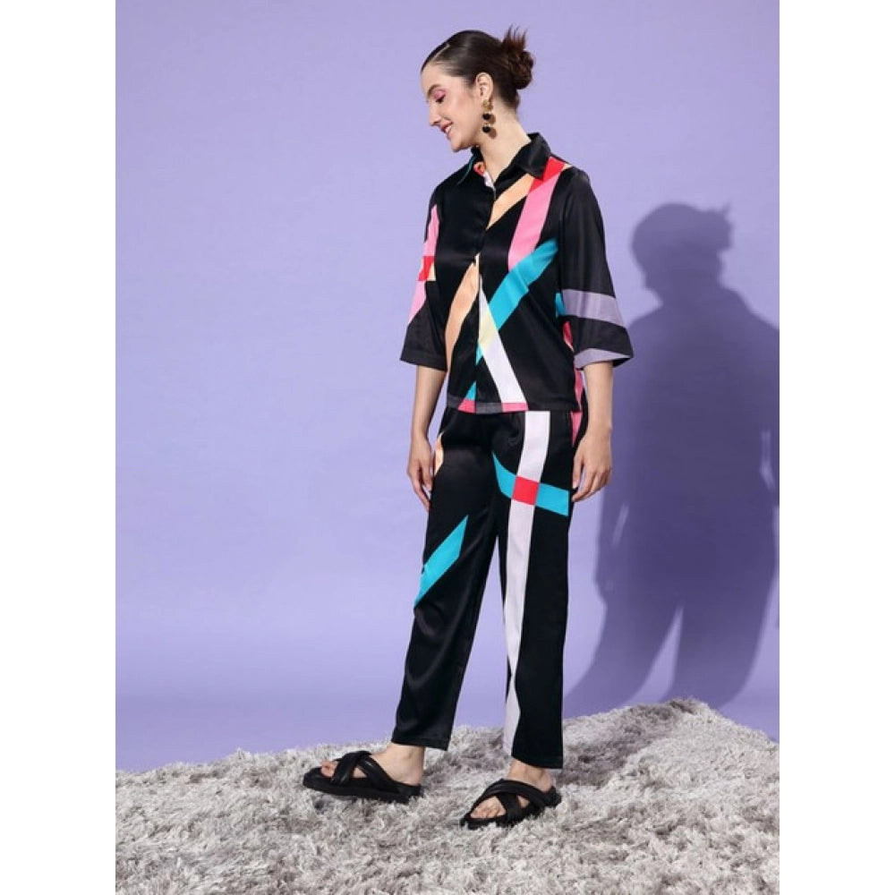Snuggle Spot Women's Satin Colour Block Long Sleeves Co-Ord Set (Multicolor)