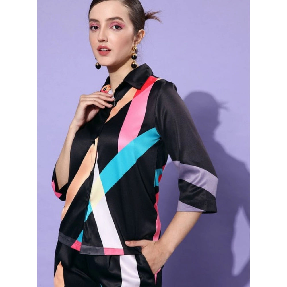 Snuggle Spot Women's Satin Colour Block Long Sleeves Co-Ord Set (Multicolor)