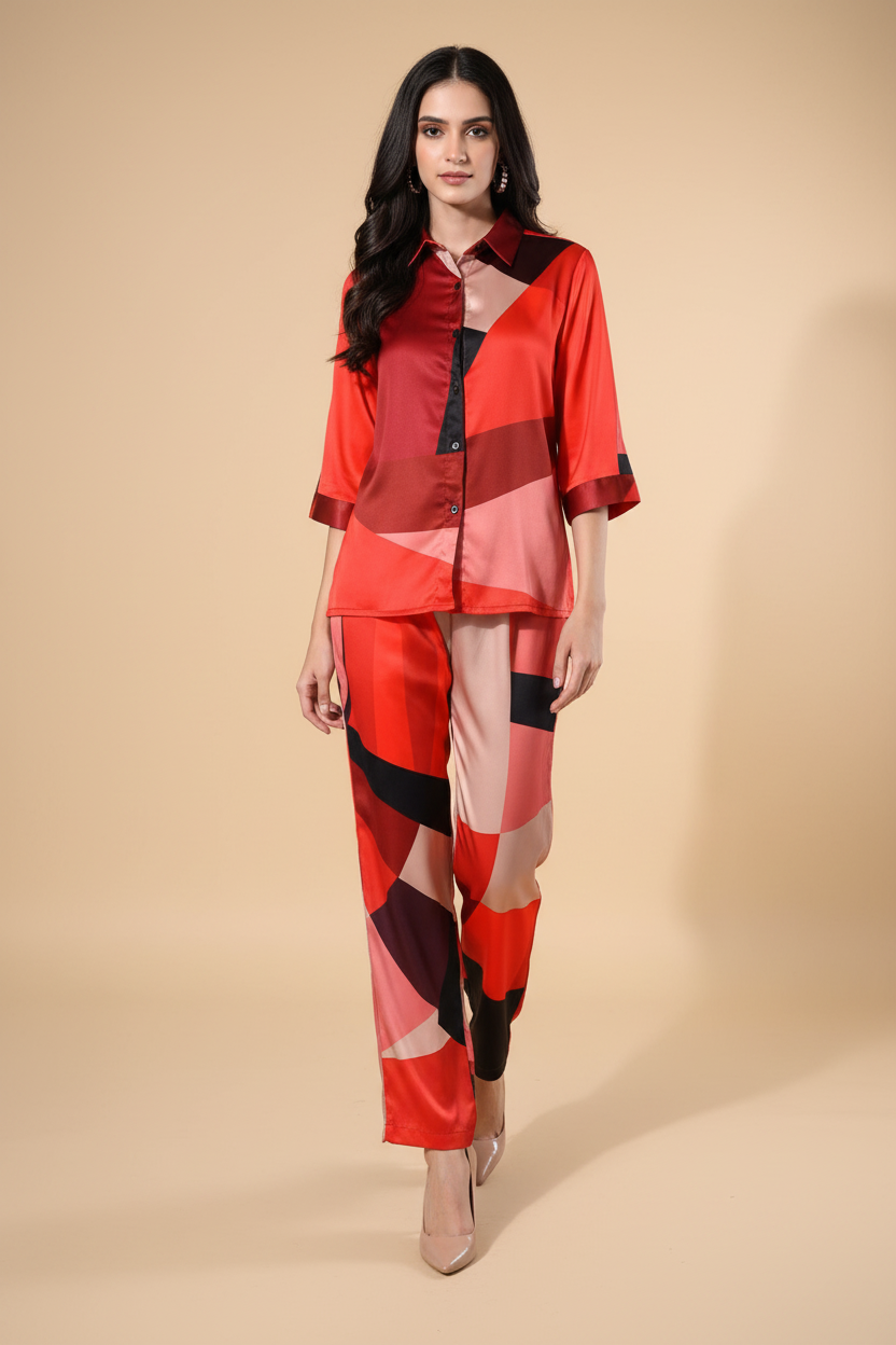 Snuggle Spot Women's Satin Colour Block Long Sleeves Co-Ord Set (Multicolor)