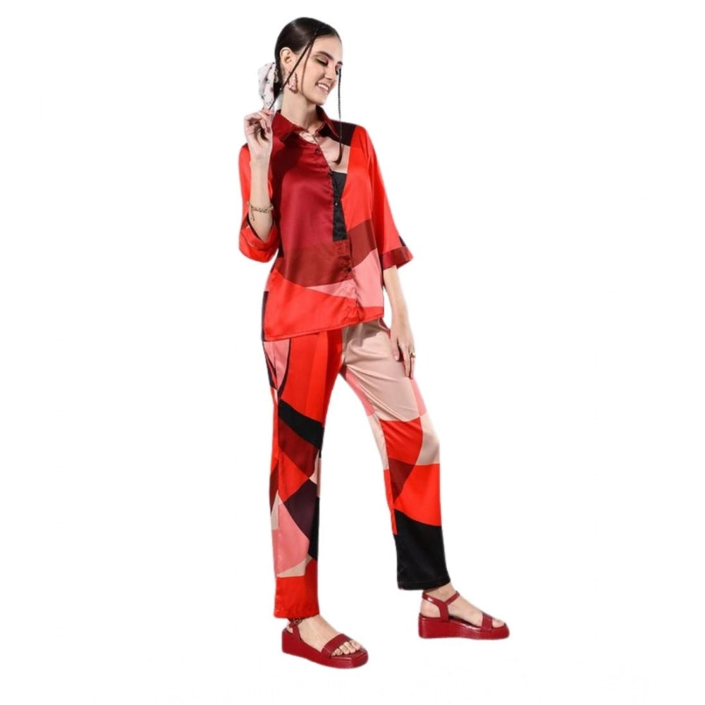 Snuggle Spot Women's Satin Colour Block Long Sleeves Co-Ord Set (Multicolor)