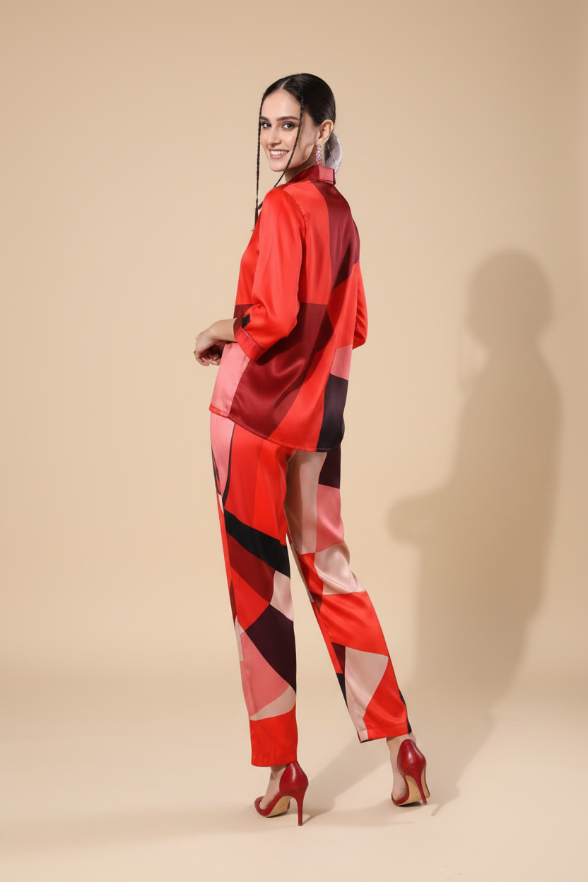Snuggle Spot Women's Satin Colour Block Long Sleeves Co-Ord Set (Multicolor)