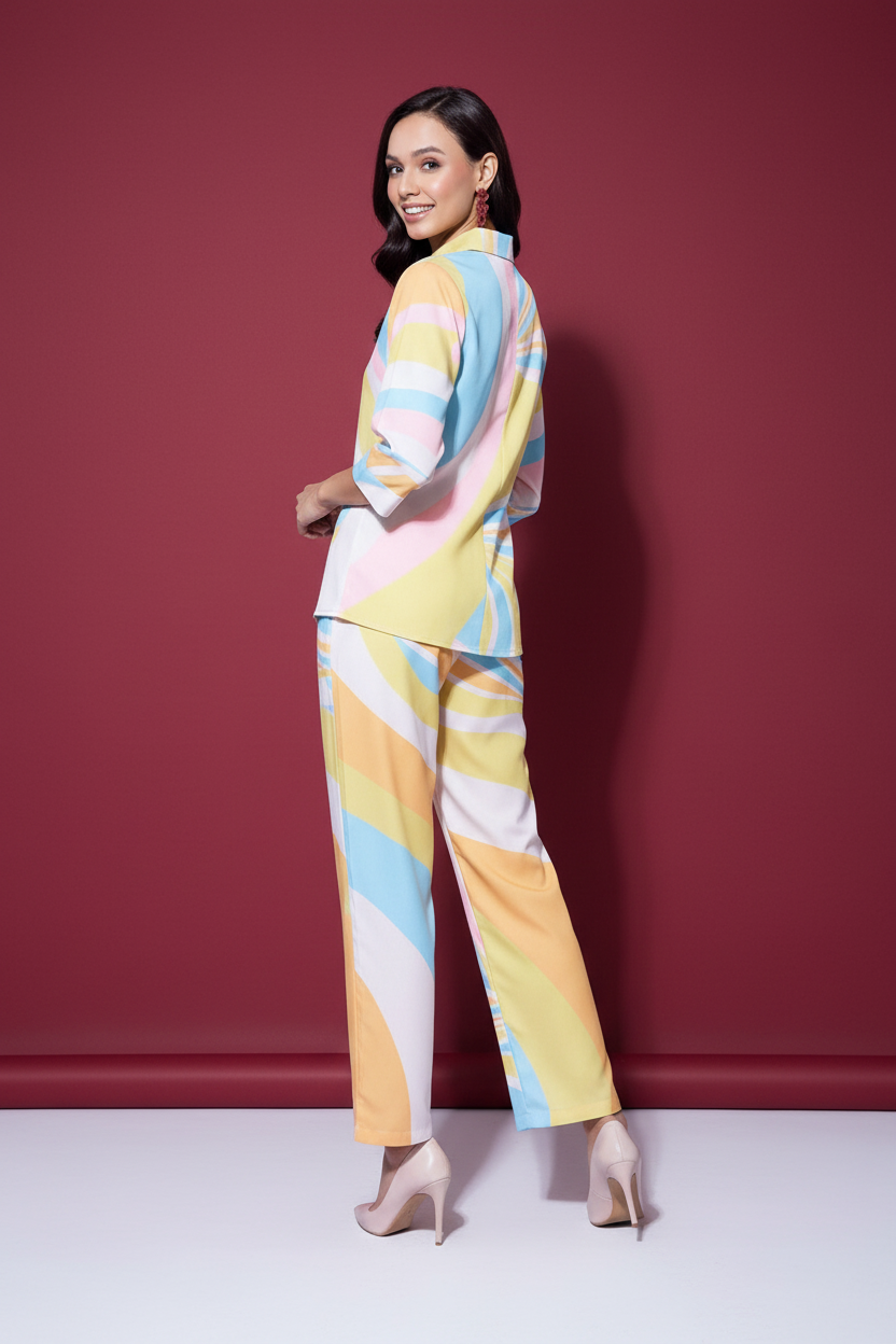 Snuggle Spot Women's Polyester Colour Blocking 3-4th Sleeve Co-Ord Set (Multicolor)