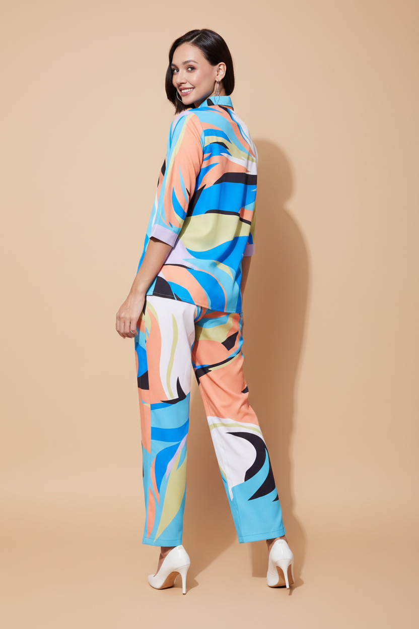 Snuggle Spot Women's Polyester Colour Blocking 3-4th Sleeve Co-Ord Set (Multicolor)