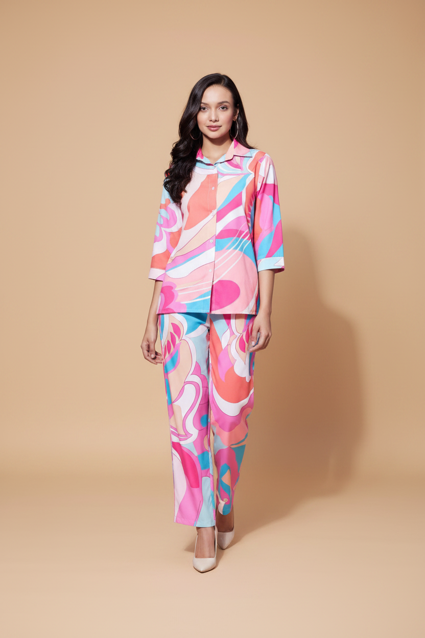 Snuggle Spot Women's Polyester Printed 3-4th Sleeve Co-Ord Set (Multicolor)