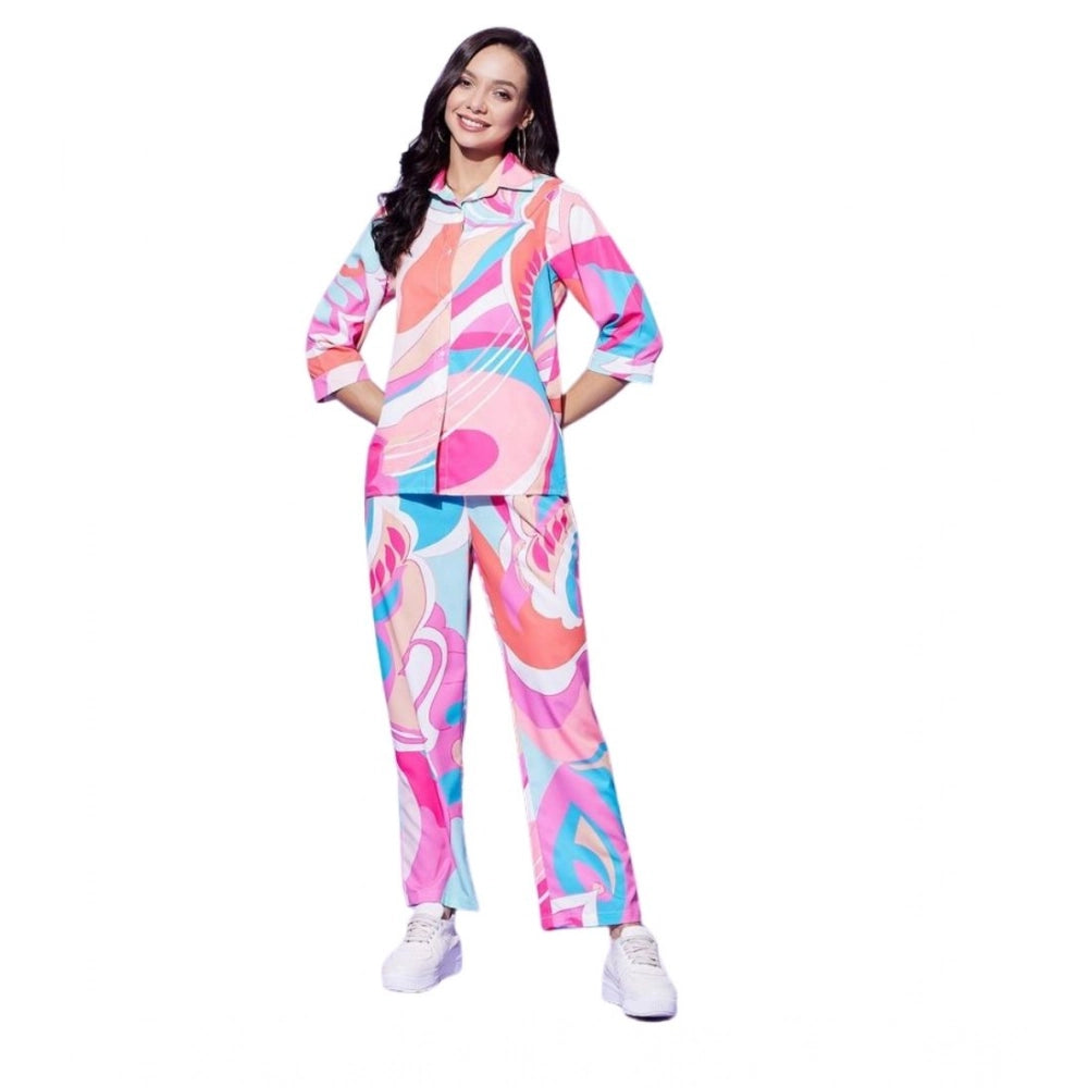 Snuggle Spot Women's Polyester Printed 3-4th Sleeve Co-Ord Set (Multicolor)