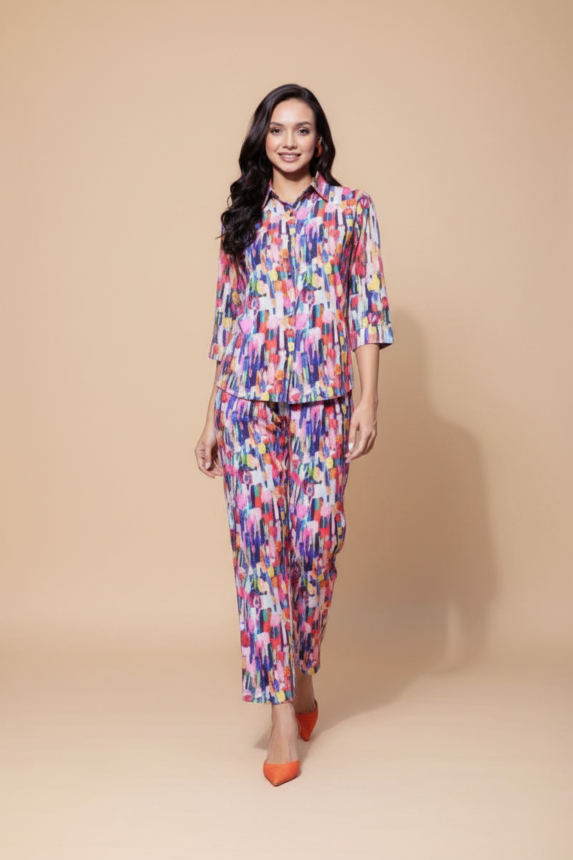 Snuggle Spot Women's Polyester Floral 3-4th Sleeve Co-Ord Set (Multicolor)