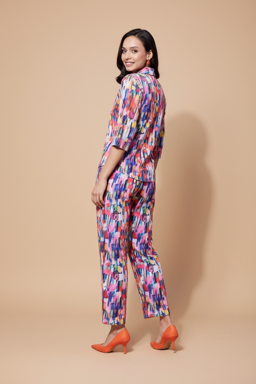 Snuggle Spot Women's Polyester Floral 3-4th Sleeve Co-Ord Set (Multicolor)