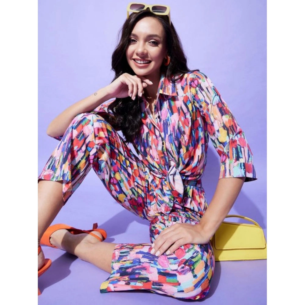 Snuggle Spot Women's Polyester Floral 3-4th Sleeve Co-Ord Set (Multicolor)