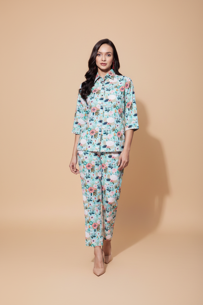 Snuggle Spot Women's Polyester Floral 3-4th Sleeve Co-Ord Set (Multicolor)
