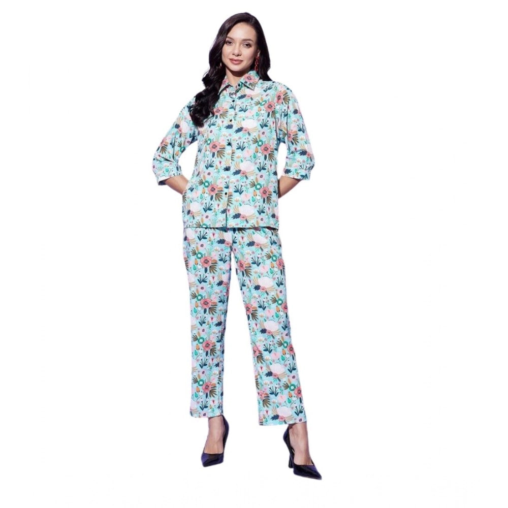 Snuggle Spot Women's Polyester Floral 3-4th Sleeve Co-Ord Set (Multicolor)