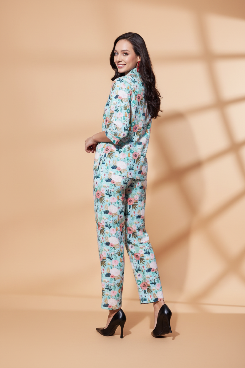 Snuggle Spot Women's Polyester Floral 3-4th Sleeve Co-Ord Set (Multicolor)