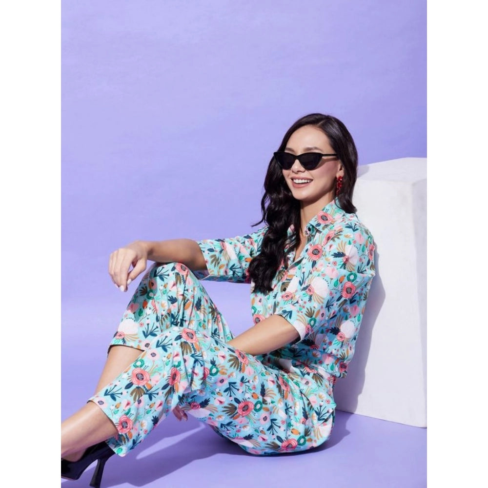 Snuggle Spot Women's Polyester Floral 3-4th Sleeve Co-Ord Set (Multicolor)