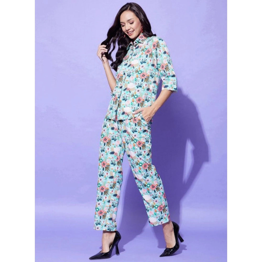 Snuggle Spot Women's Polyester Floral 3-4th Sleeve Co-Ord Set (Multicolor)