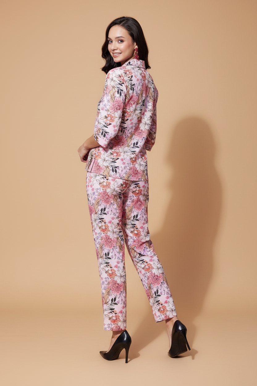 Snuggle Spot Women's Polyester Floral 3-4th Sleeve Co-Ord Set (Multicolor)