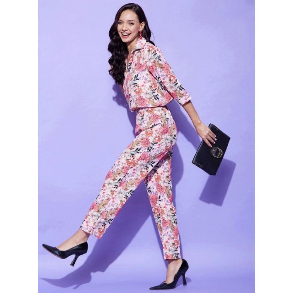 Snuggle Spot Women's Polyester Floral 3-4th Sleeve Co-Ord Set (Multicolor)