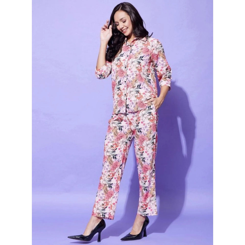 Snuggle Spot Women's Polyester Floral 3-4th Sleeve Co-Ord Set (Multicolor)