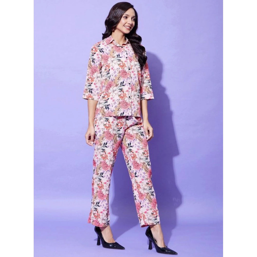 Snuggle Spot Women's Polyester Floral 3-4th Sleeve Co-Ord Set (Multicolor)