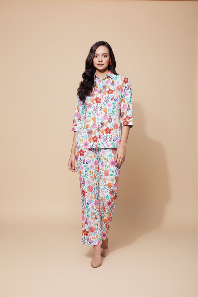 Snuggle Spot Women's Polyester Floral 3-4th Sleeve Co-Ord Set (Multicolor)