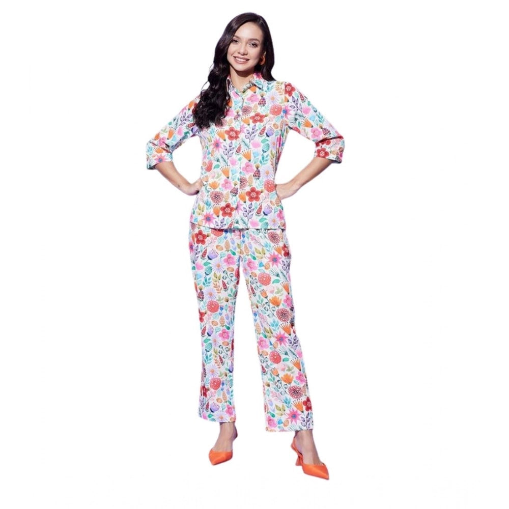 Snuggle Spot Women's Polyester Floral 3-4th Sleeve Co-Ord Set (Multicolor)