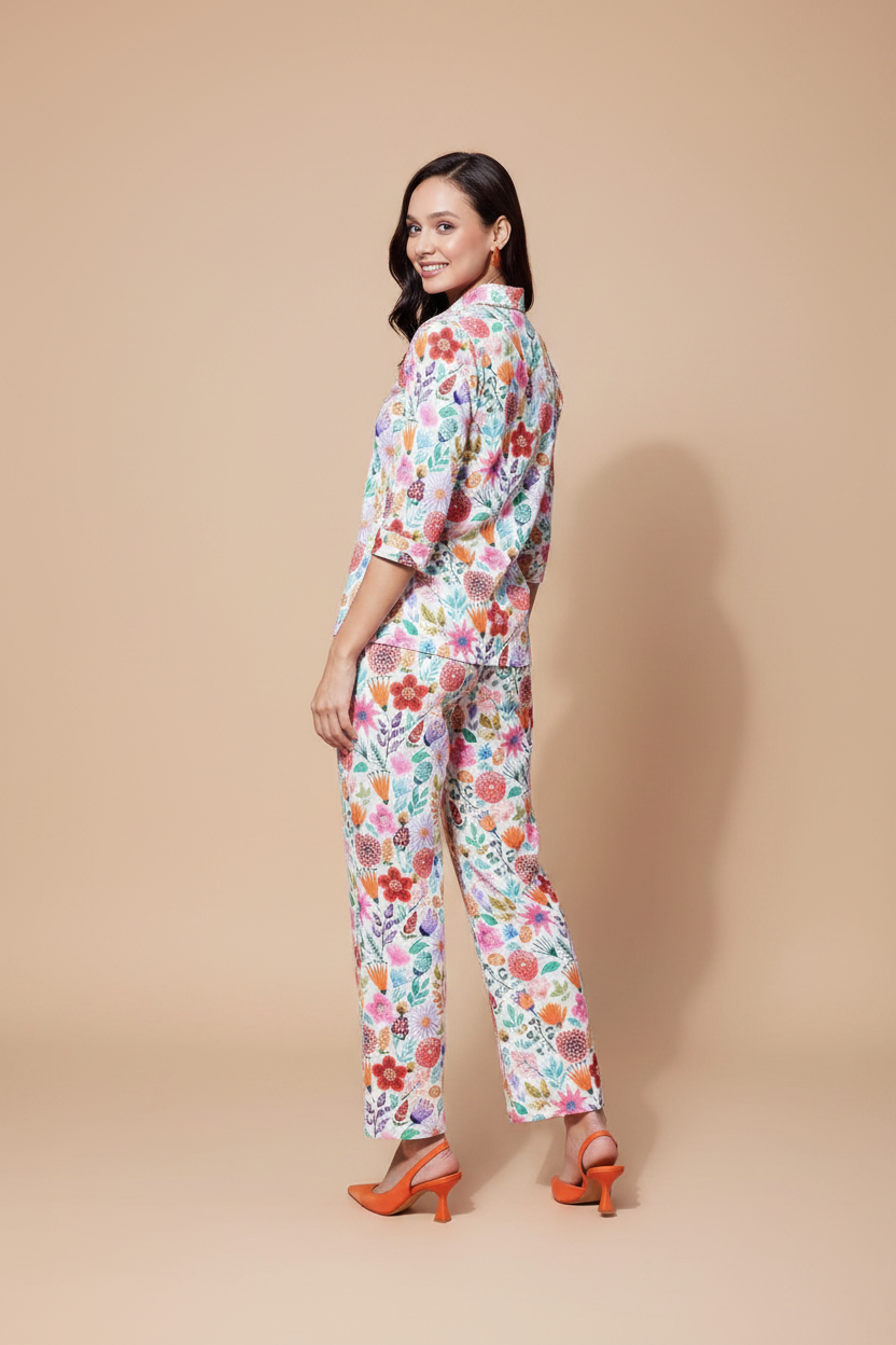 Snuggle Spot Women's Polyester Floral 3-4th Sleeve Co-Ord Set (Multicolor)