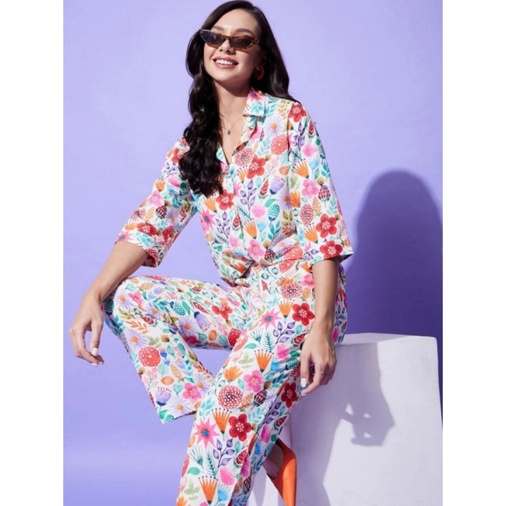 Snuggle Spot Women's Polyester Floral 3-4th Sleeve Co-Ord Set (Multicolor)