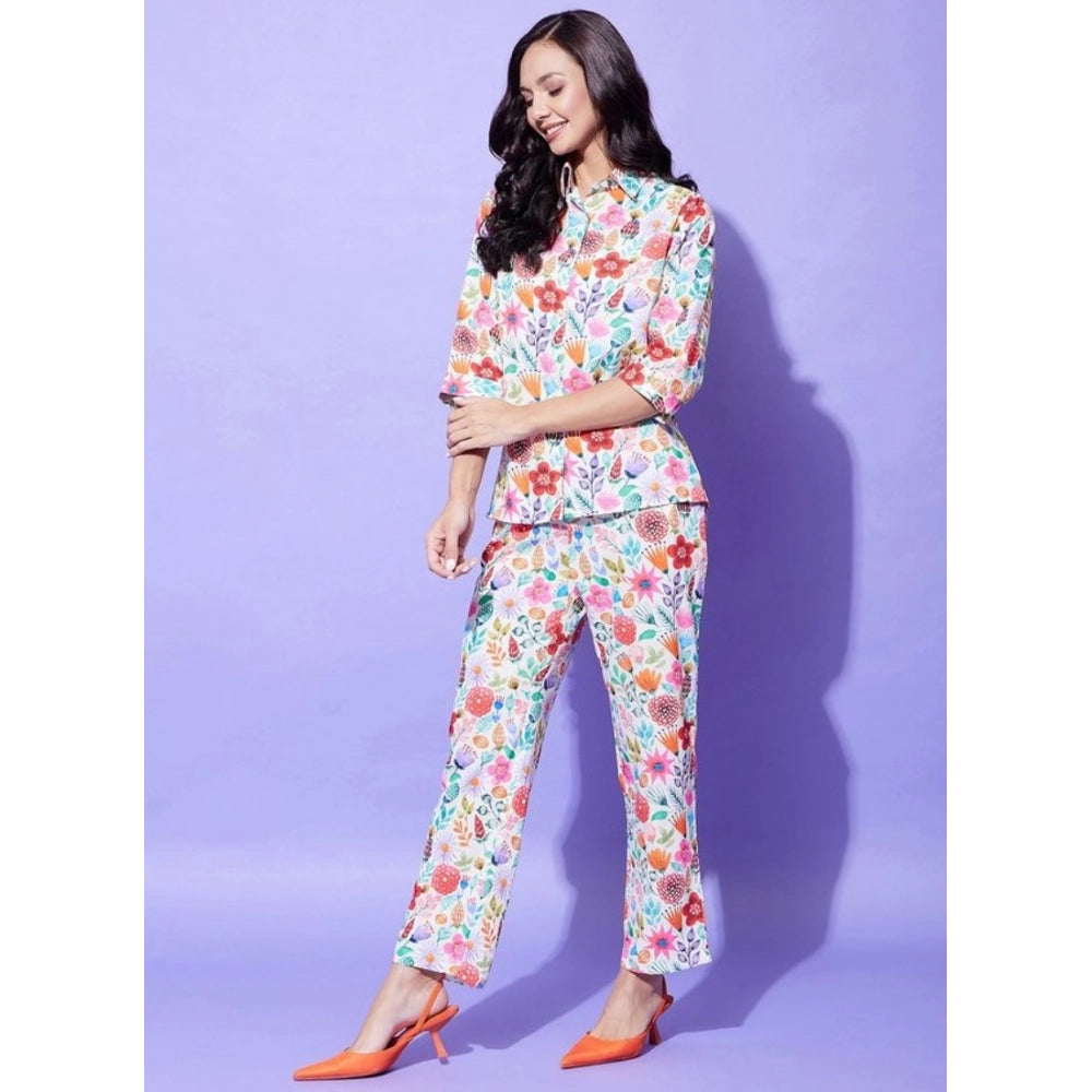Snuggle Spot Women's Polyester Floral 3-4th Sleeve Co-Ord Set (Multicolor)