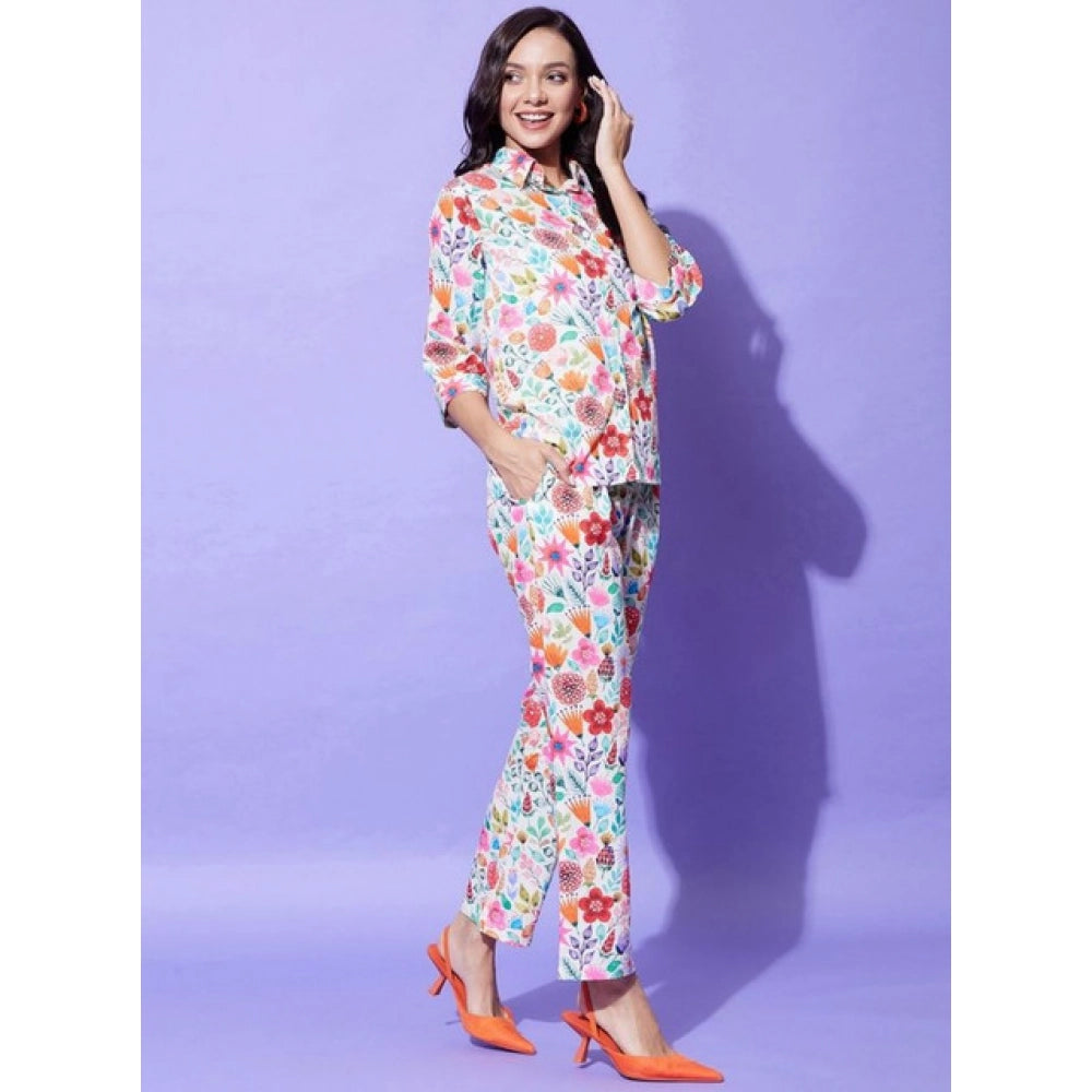 Snuggle Spot Women's Polyester Floral 3-4th Sleeve Co-Ord Set (Multicolor)