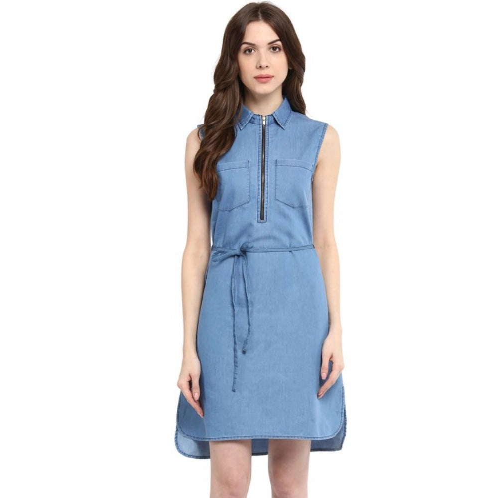 Snuggle Spot Women's Denim Solid Sleeveless Dress (Blue)