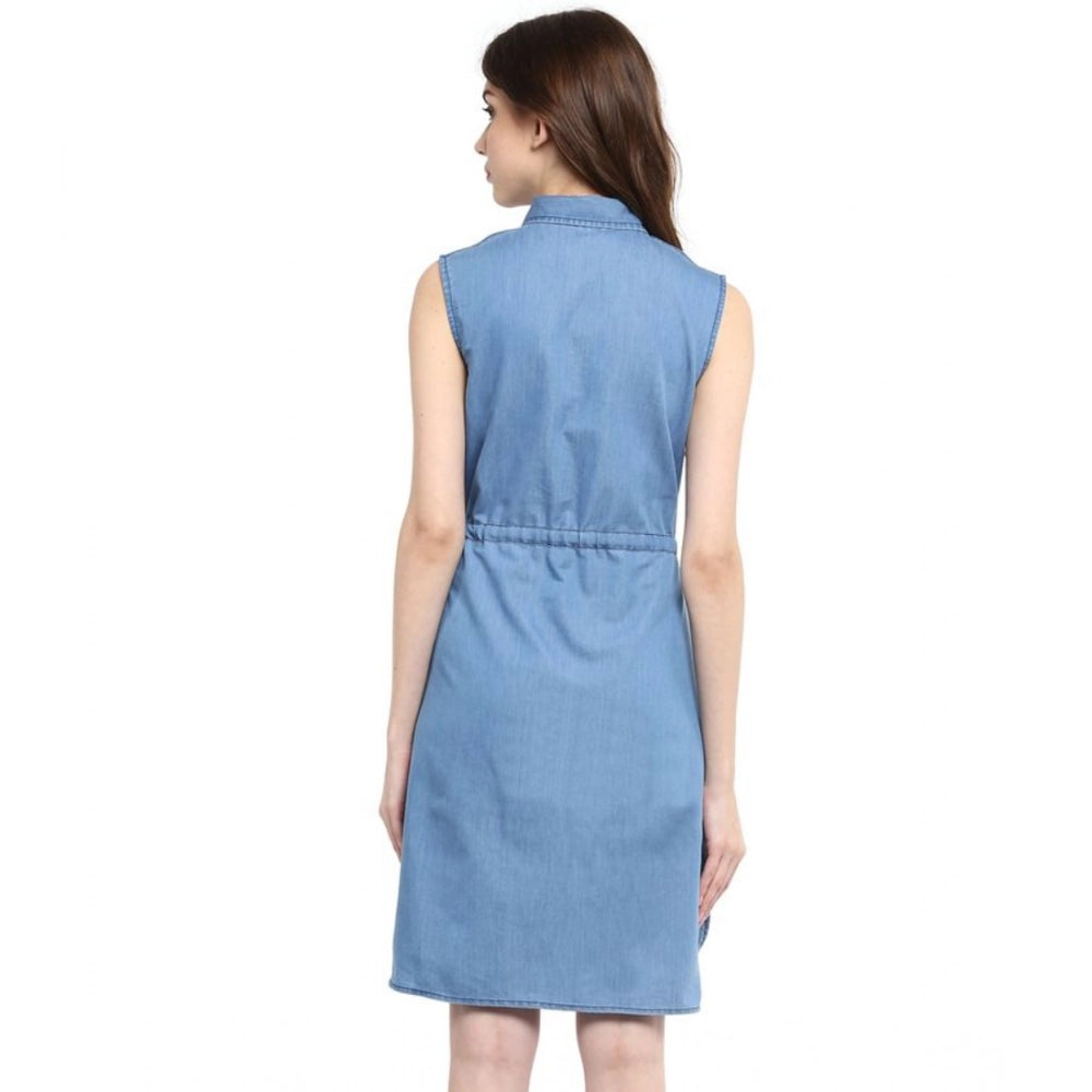 Snuggle Spot Women's Denim Solid Sleeveless Dress (Blue)