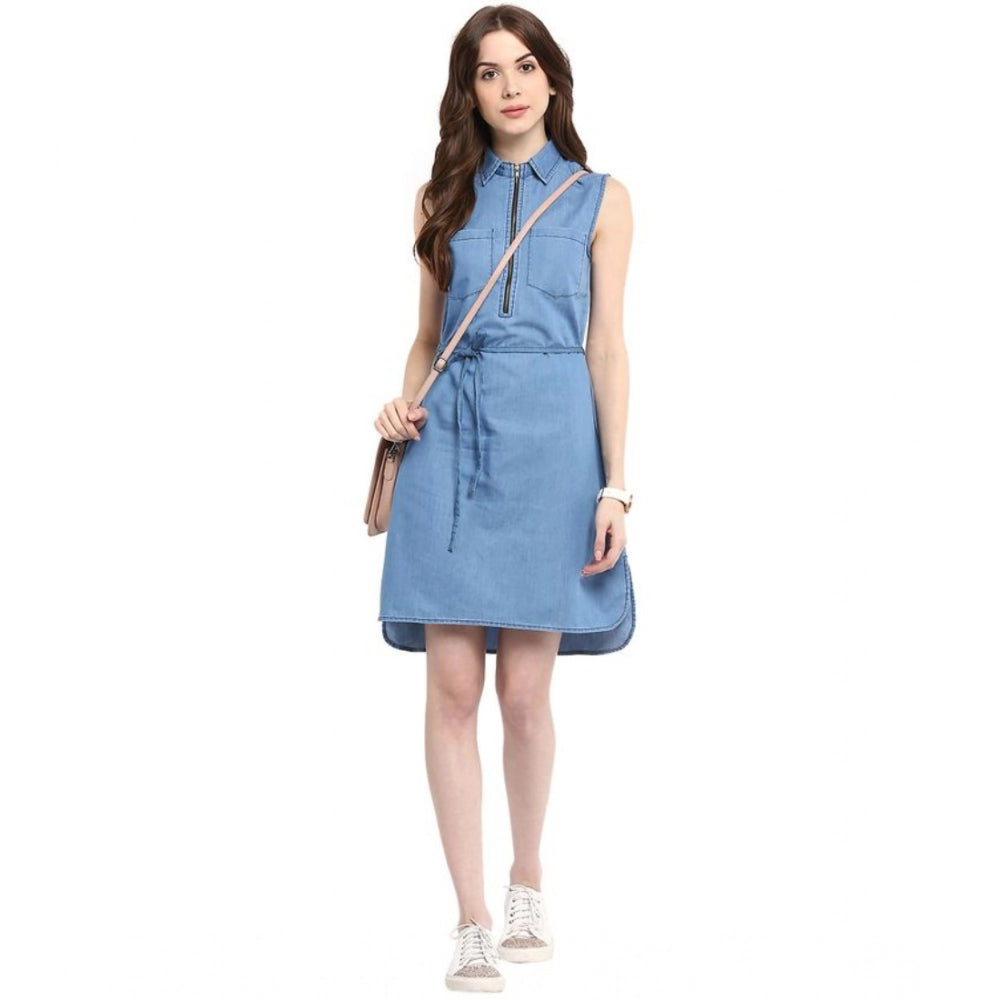 Snuggle Spot Women's Denim Solid Sleeveless Dress (Blue)