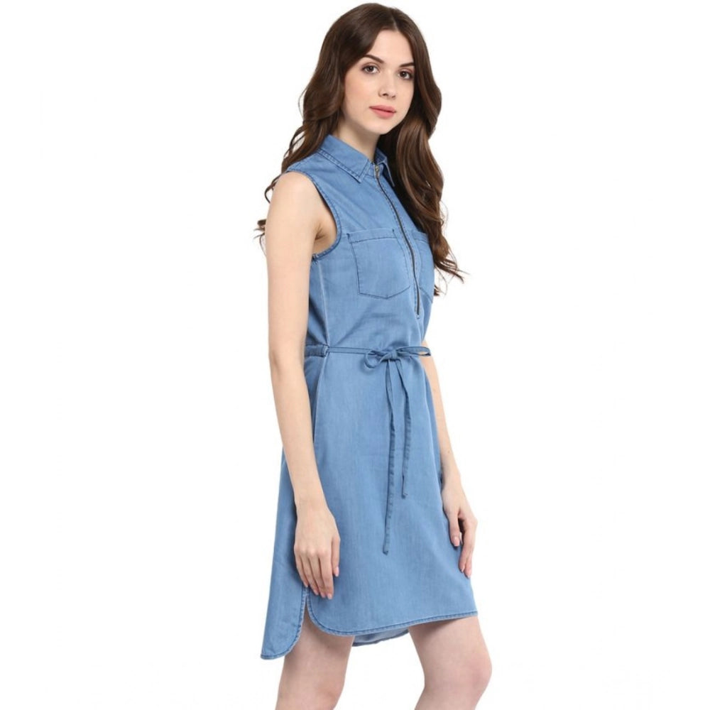 Snuggle Spot Women's Denim Solid Sleeveless Dress (Blue)
