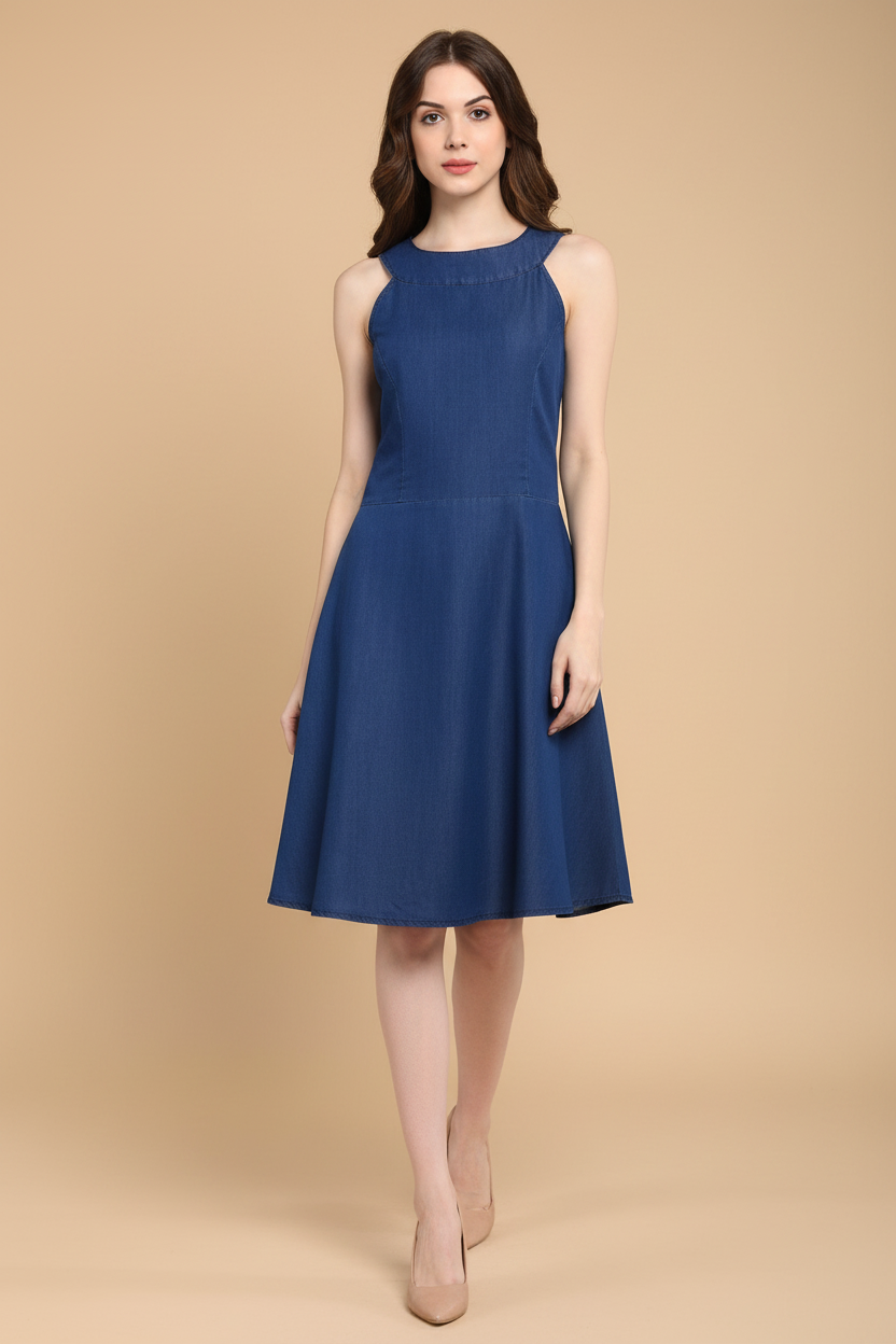 Snuggle Spot Women's Denim Solid Sleeveless Dress (Blue)